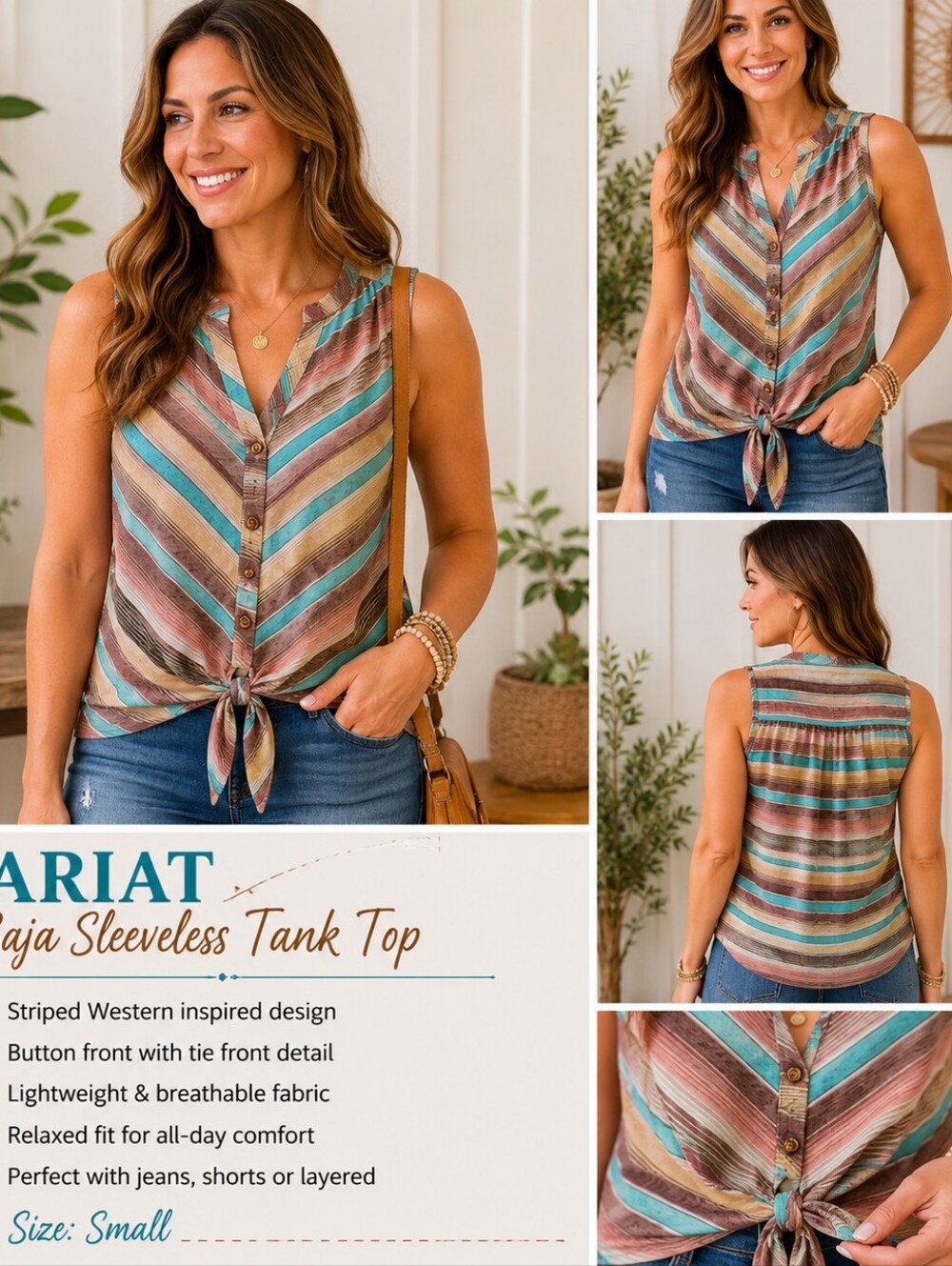 Ariat Baja Sleeveless Tank Top Womens Small Striped Tie Front Button Western